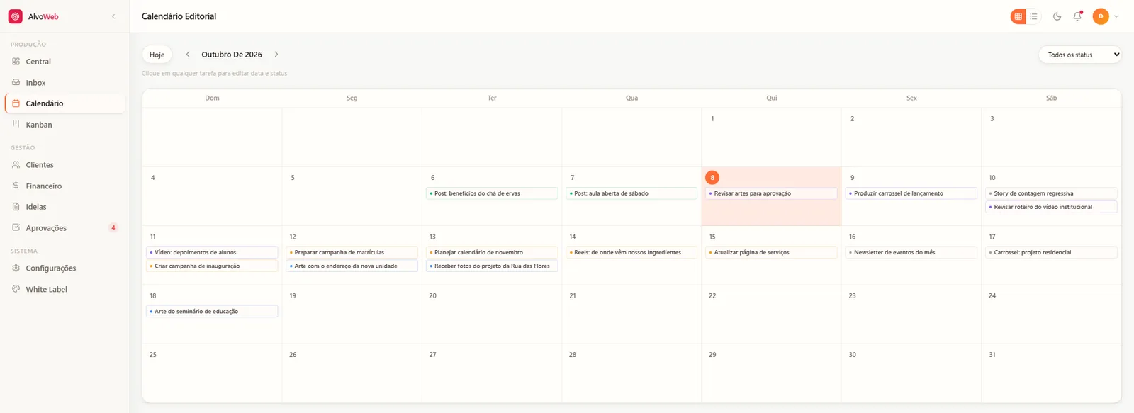 Calendário editorial do Painel AlvoWeb com as tarefas distribuídas pelos dias do mês.