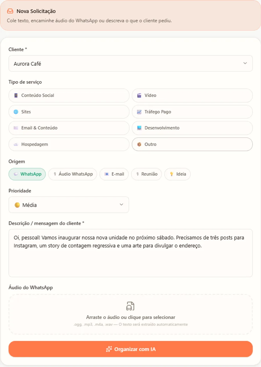 Tela da Inbox do Painel AlvoWeb: formulário para registrar uma solicitação, com cliente, tipo de serviço, origem, prioridade e descrição.