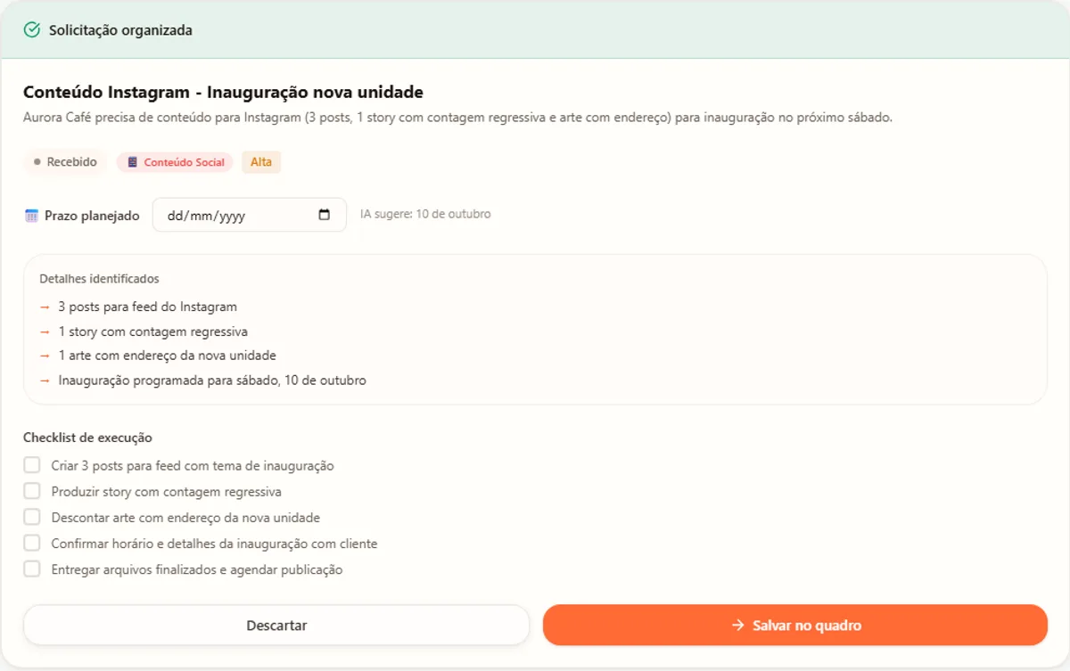 Resultado de Organizar com IA no Painel AlvoWeb: solicitação organizada com título, resumo, detalhes identificados e checklist de execução.